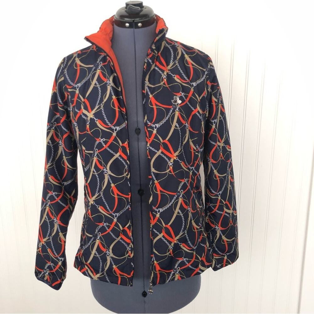 Vintage Y2K Windbreaker Medium Orange Navy Blue Chain Belt Equestrian Pattern
